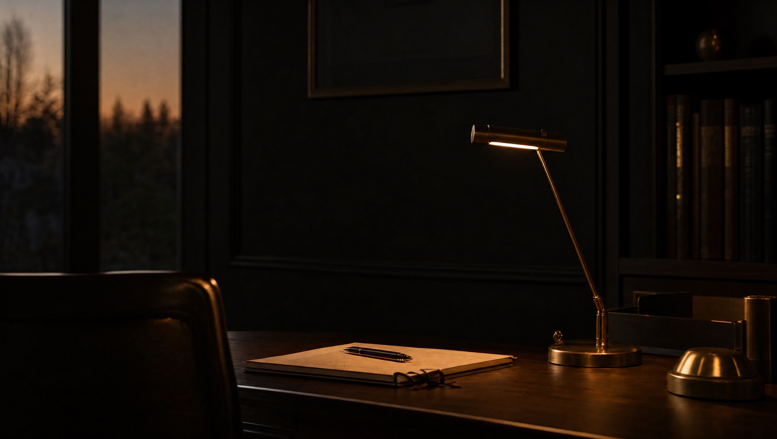 A desk lamp over a bound document at dusk