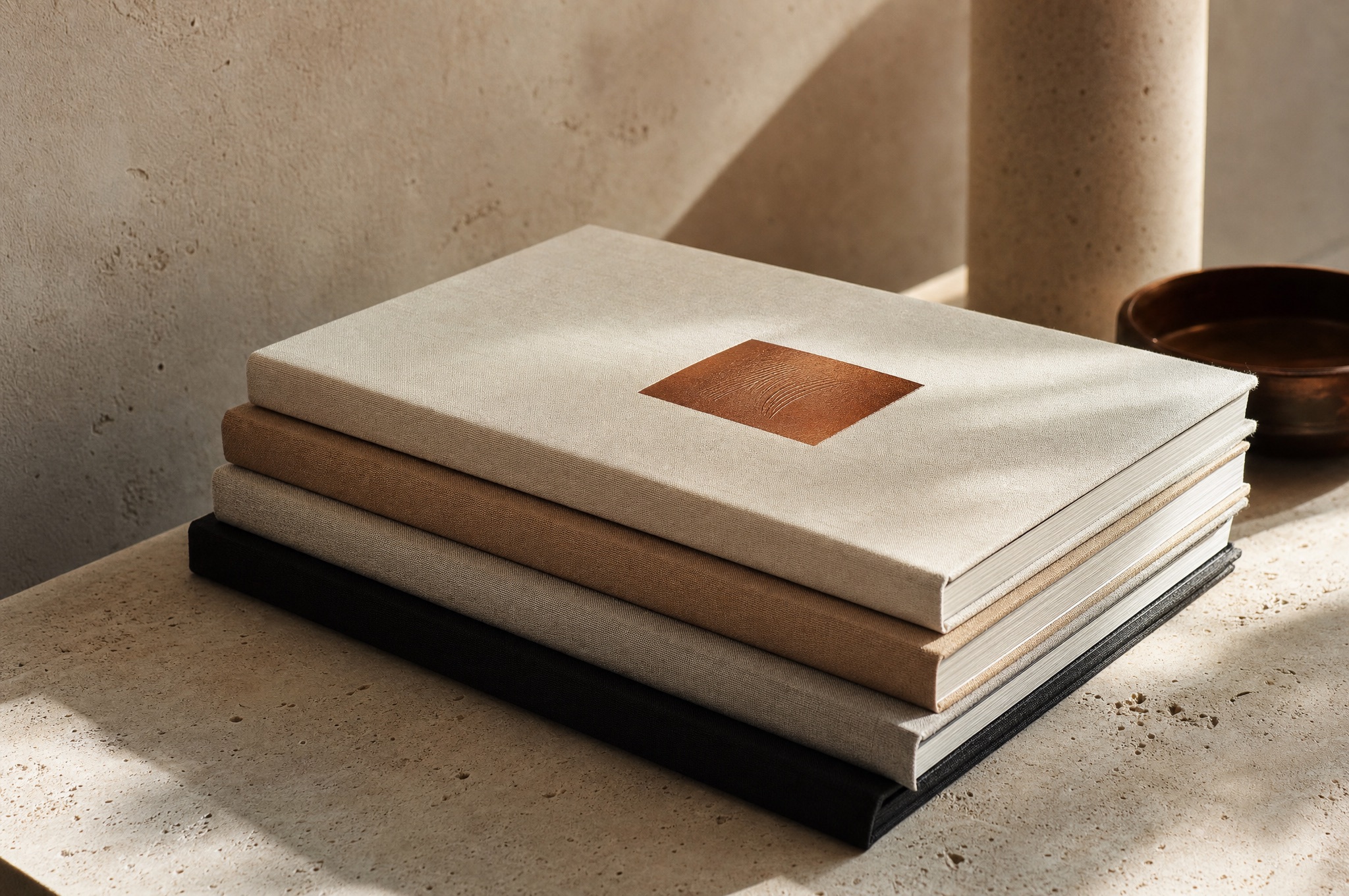 Bound volumes stacked on a plaster shelf