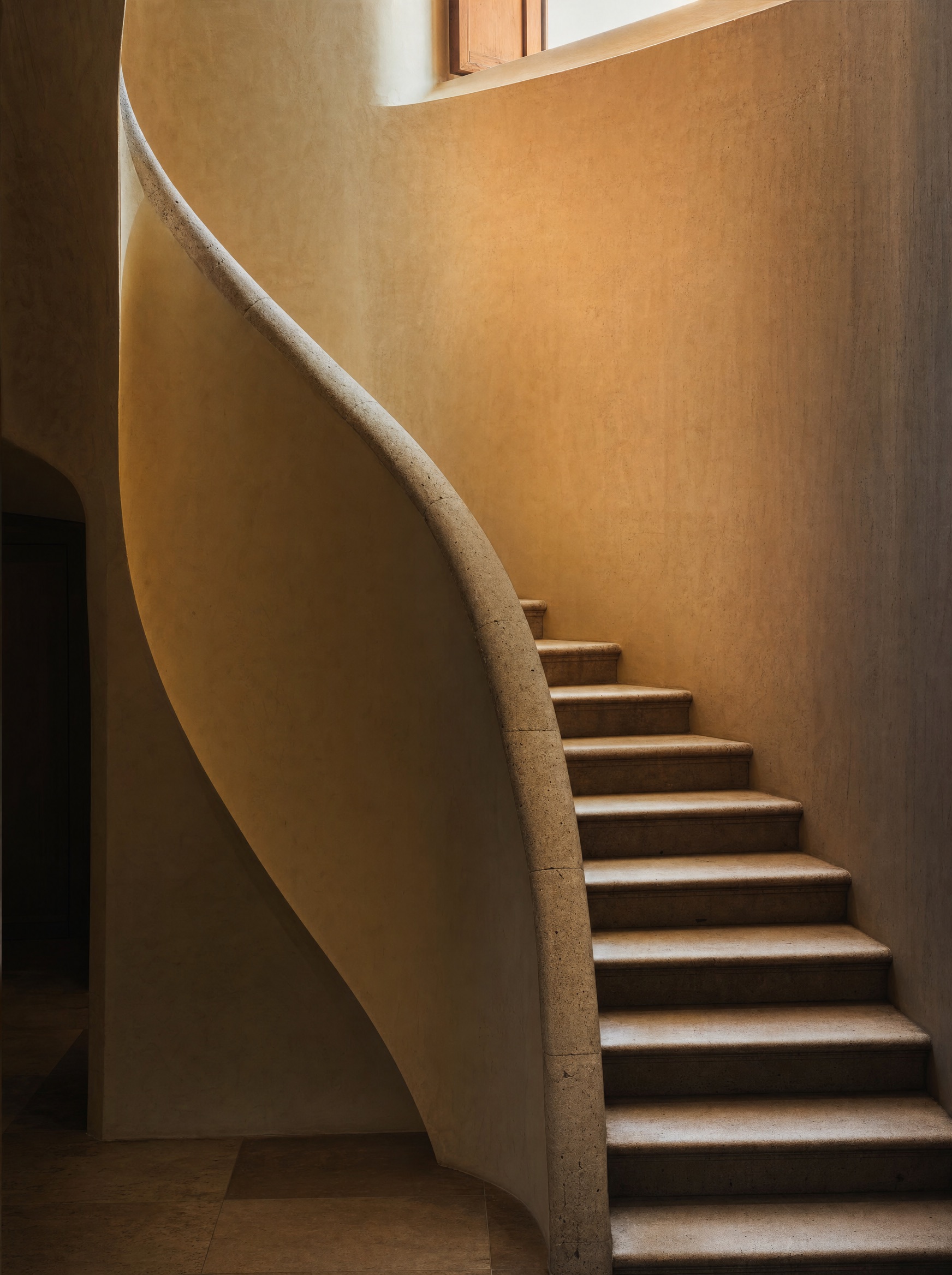 A curved plaster staircase in warm light