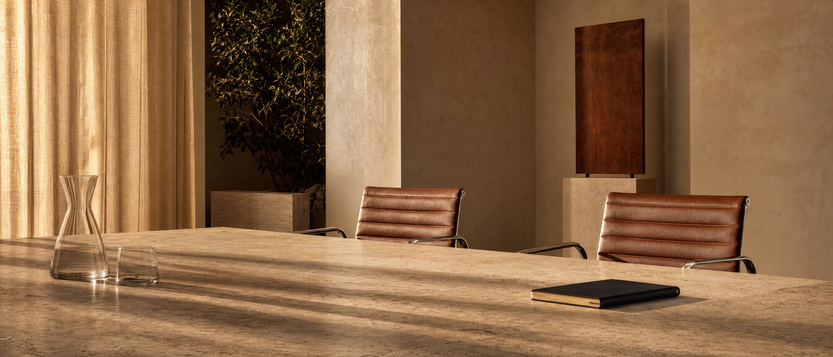 A long stone table in golden light